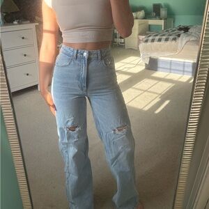 Blue ripped high rise wide leg jeans
